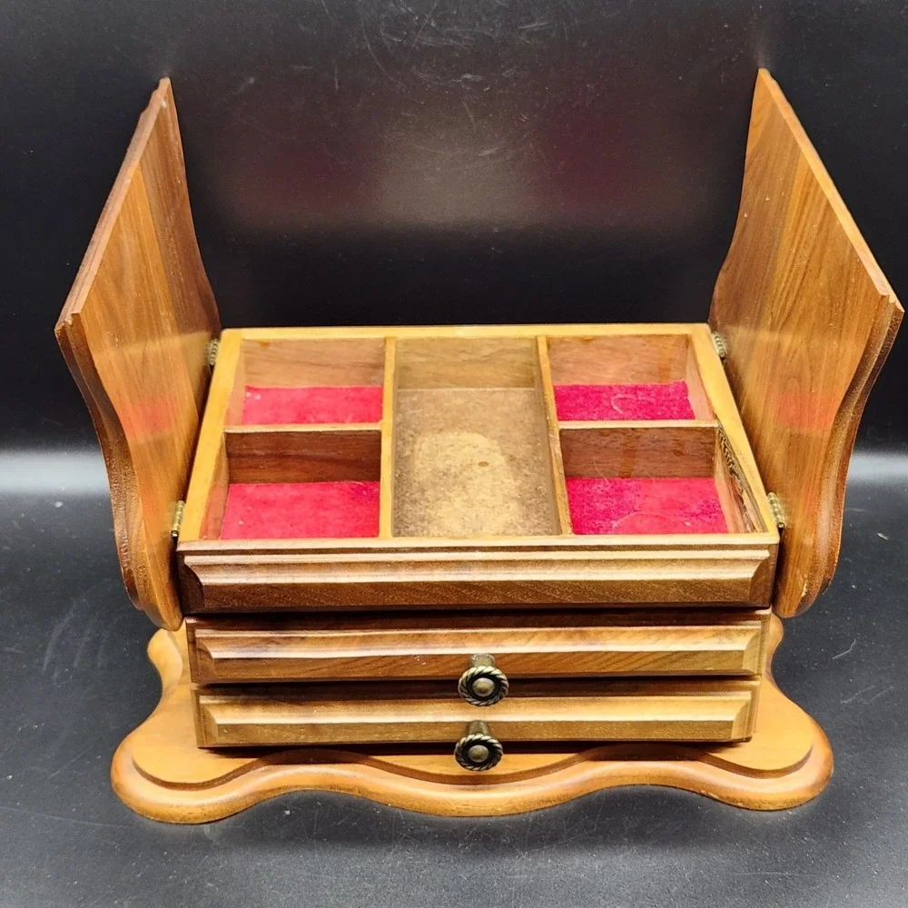 Vintage Wooden Jewelry Box Organizer Red Velvet Lined Drawers Storage
